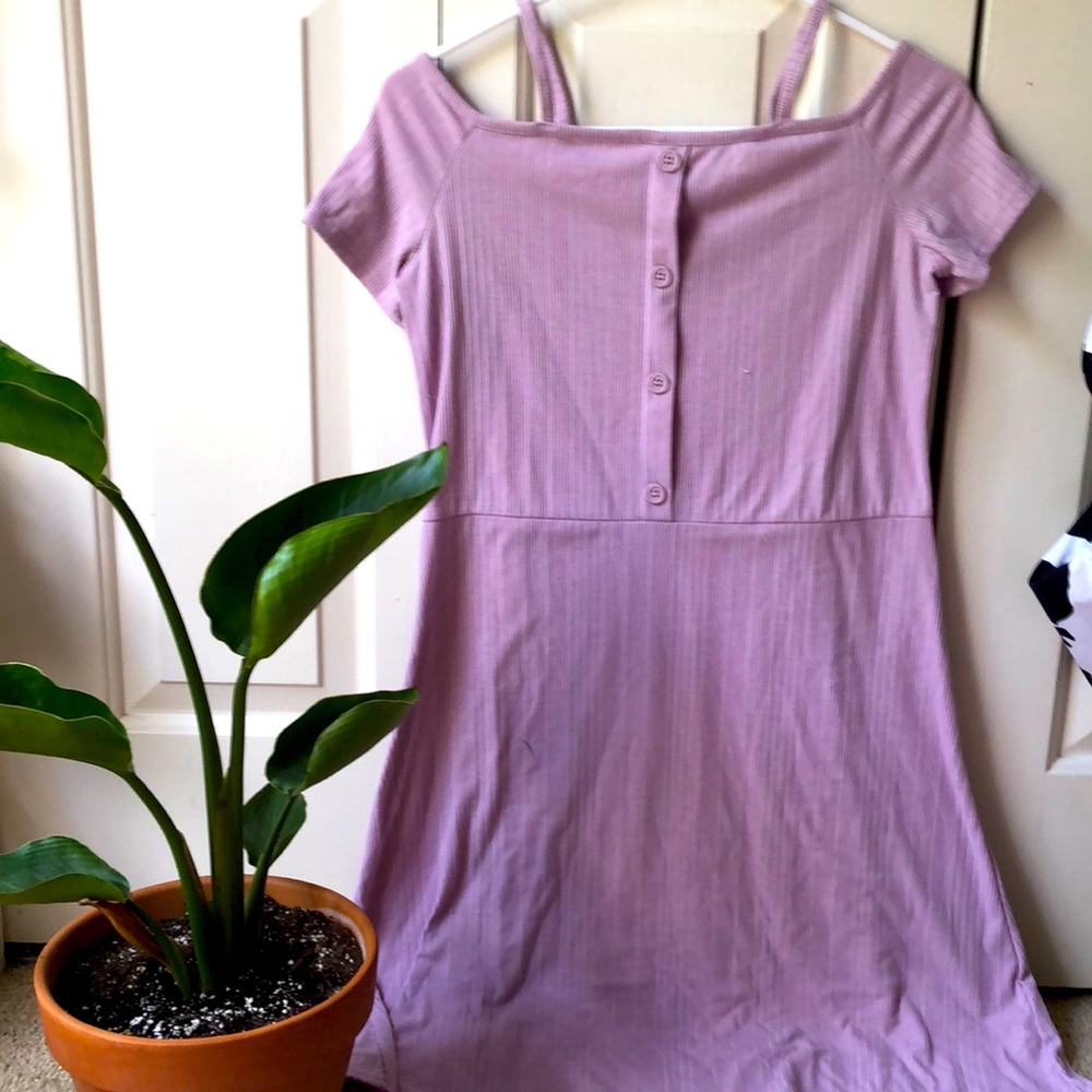 Light purple, noodle strap dress that includes off shoulder sleeves.